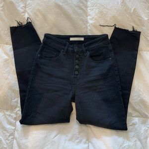 Distressed, high rise, button fly jeans